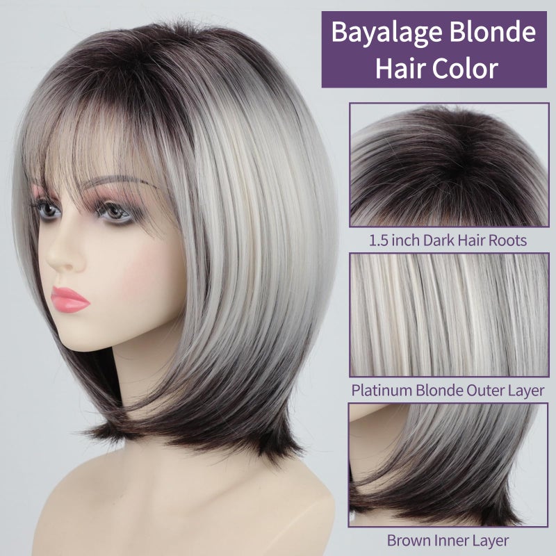 RENERSHOW Medium Length Bob Wig with Bangs for White Women Layered Blonde Balayage Bob Straight Hair Wig Natural Synthetic Hair Replacement Wig Ombre Platinum with Brown Wig - Image 5