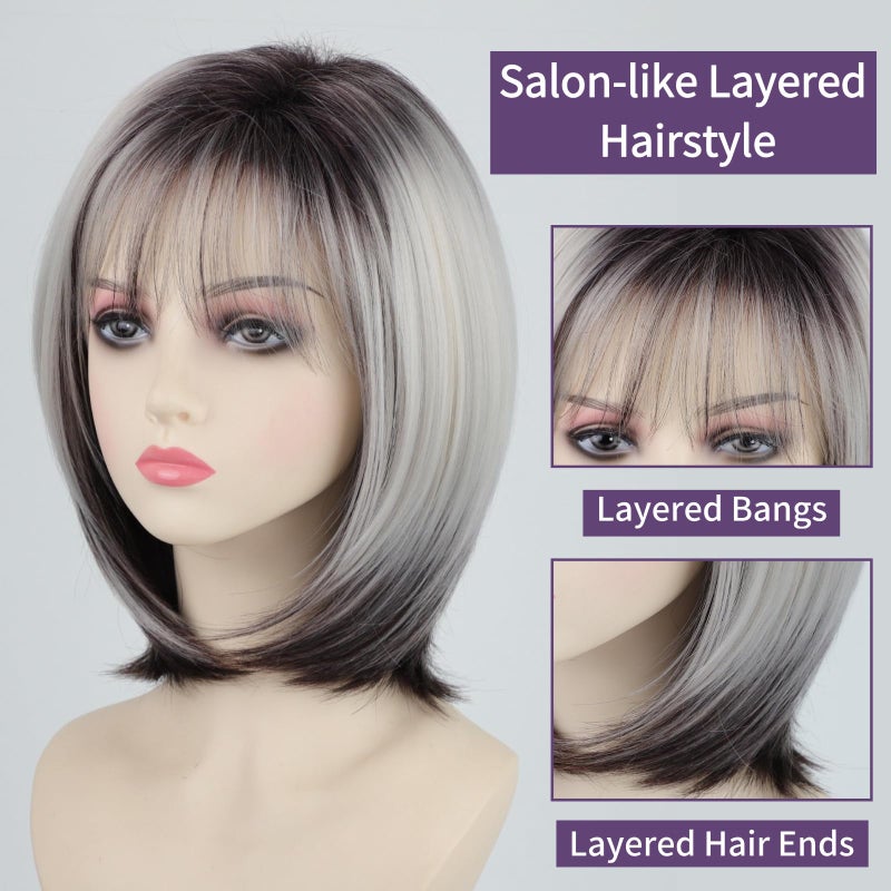 RENERSHOW Medium Length Bob Wig with Bangs for White Women Layered Blonde Balayage Bob Straight Hair Wig Natural Synthetic Hair Replacement Wig Ombre Platinum with Brown Wig - Image 4
