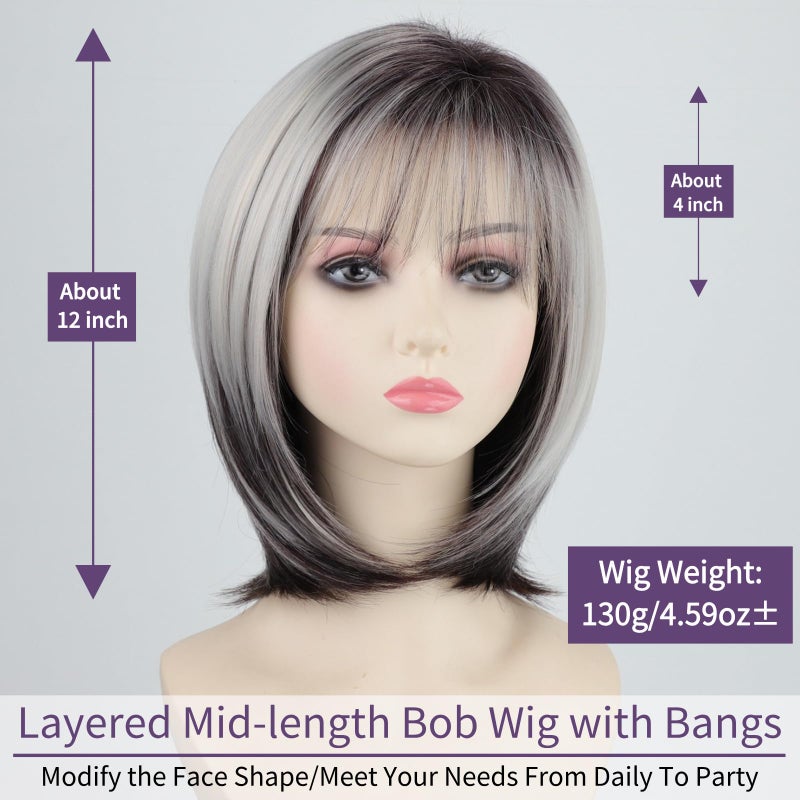 RENERSHOW Medium Length Bob Wig with Bangs for White Women Layered Blonde Balayage Bob Straight Hair Wig Natural Synthetic Hair Replacement Wig Ombre Platinum with Brown Wig - Image 3