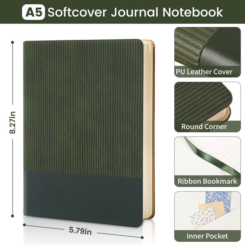 TSFPapier Dotted Journal Notebook Soft Cover PU Leather Journaling Notebooks for Women Men Writing Work Office School 160 Pages 100 GSM Thick Paper A5 Dotted 80 Sheets 5.79"x8.27", Dark Green - Image 3