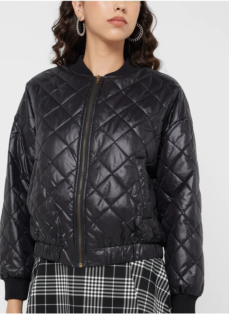 جينجر Quilted PU Leather Bomber Jacket