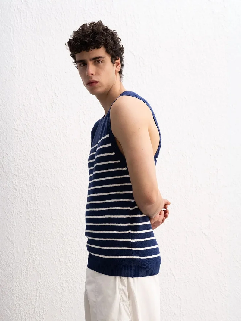 Giesto Navy Blue GIESTO Slim Fit Striped Crew Neck Sleeveless T-Shirt for Men | Best Price UAE