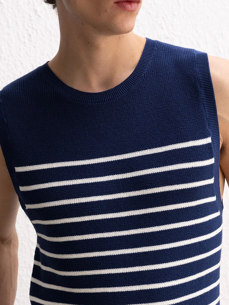 Giesto Navy Blue GIESTO Slim Fit Striped Crew Neck Sleeveless T-Shirt for Men | Best Price UAE