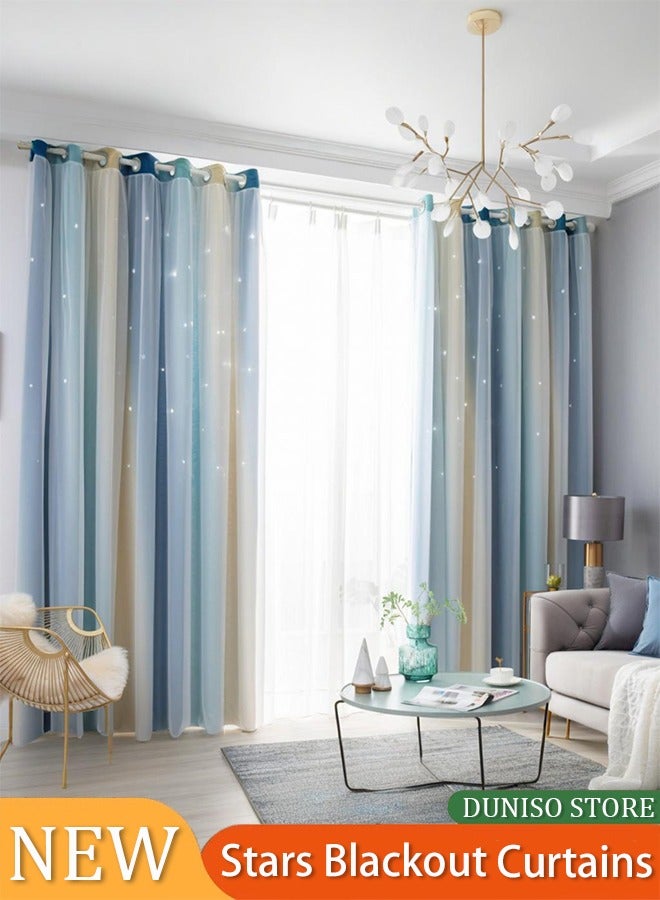 Loquat 1 Pair Rainbow Blackout Curtains for Kid Girls Bedroom Living Room Darking Stripe Double Layer Star Cut Out Wall Home Decor Gradient Grommet Princess Window Curtains (Blue/Yellow, 132W x 270L) - Image 1