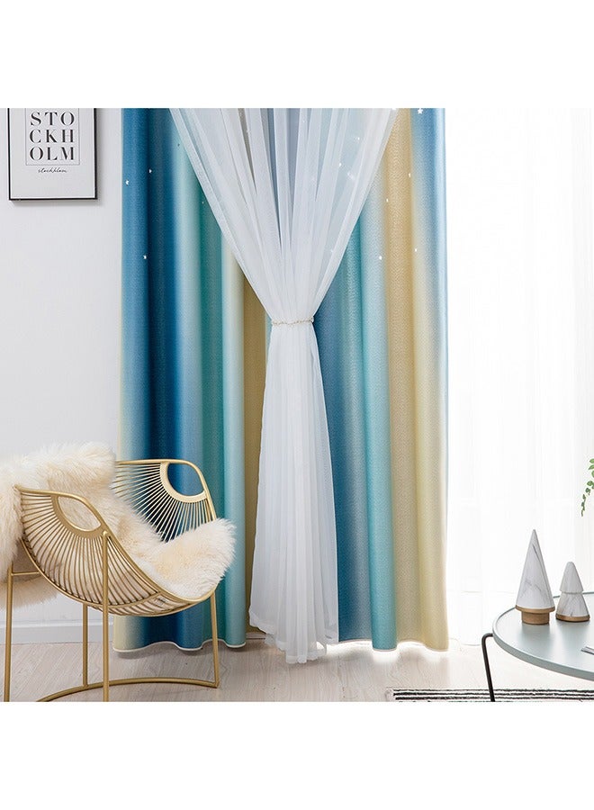 Loquat 1 Pair Rainbow Blackout Curtains for Kid Girls Bedroom Living Room Darking Stripe Double Layer Star Cut Out Wall Home Decor Gradient Grommet Princess Window Curtains (Blue/Yellow, 132W x 270L) - Image 4