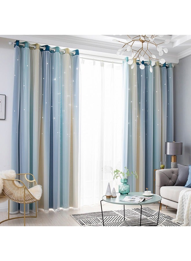 Loquat 1 Pair Rainbow Blackout Curtains for Kid Girls Bedroom Living Room Darking Stripe Double Layer Star Cut Out Wall Home Decor Gradient Grommet Princess Window Curtains (Blue/Yellow, 132W x 270L) - Image 5