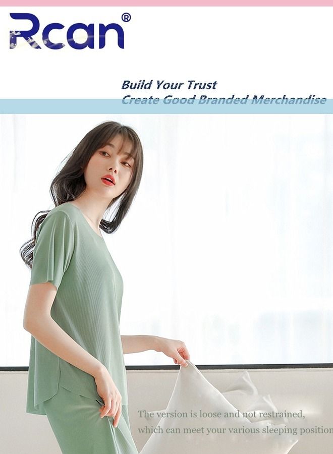 Rcan 3 Piece Women's Ice Silk Thread Pajamas  Stripes Traceless Round Neck Short Sleeves Sleepwear Home Elastic T-Shirt Top and Pants Set for Summer - Image 2