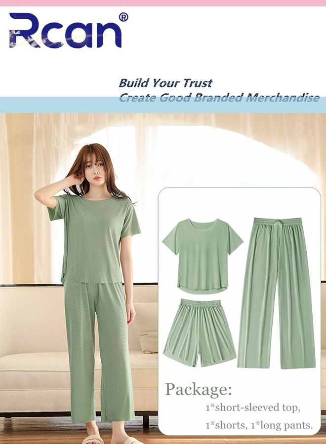 Rcan 3 Piece Women's Ice Silk Thread Pajamas  Stripes Traceless Round Neck Short Sleeves Sleepwear Home Elastic T-Shirt Top and Pants Set for Summer - Image 1