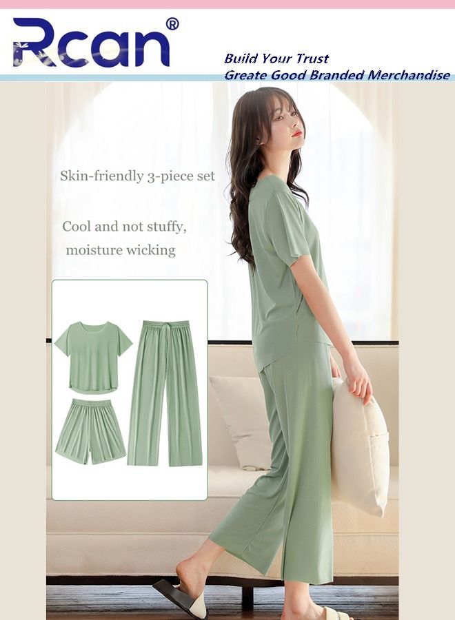 Rcan 3 Piece Women's Ice Silk Thread Pajamas  Stripes Traceless Round Neck Short Sleeves Sleepwear Home Elastic T-Shirt Top and Pants Set for Summer - Image 4