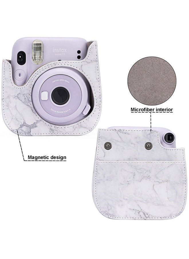 O Ozone Protection Case Bags for Fujifilm Instax Mini 11 9 8 8+Case PU Leather Instant Camera Cover with Adjustable Strap- White Marble  - Image 3