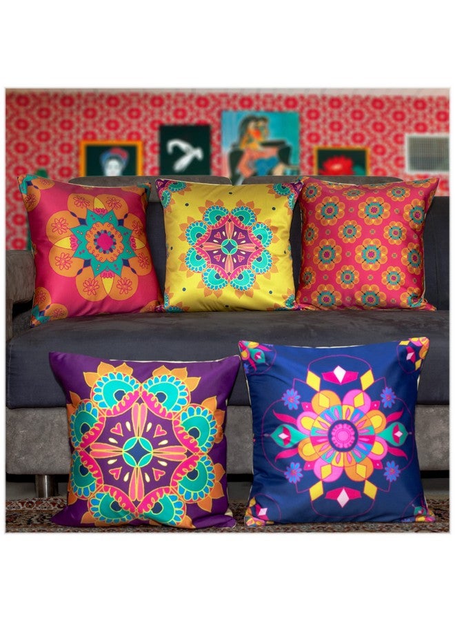 Vendola Decorative Satin 250TC Sofa Cushion Pillow Covers, Multicolor, Set of 5 Ethnic Cushion Covers(Amber,20x20 Inches) - Image 1
