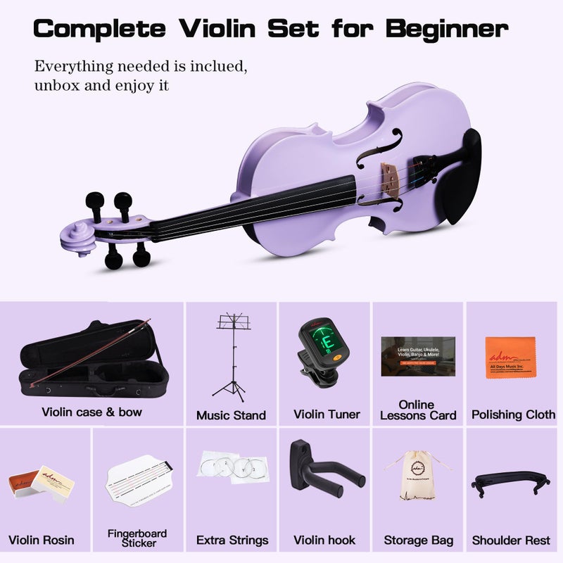 ADM Acoustic Violin for Kids Beginners, 4/4 Full Size Acoustic Violin Fiddle for Teens Students Violin Starter Kit with Hard Case, Shoulder Rest, Bow, Violin Music Stand and Strings,Purple - Image 2