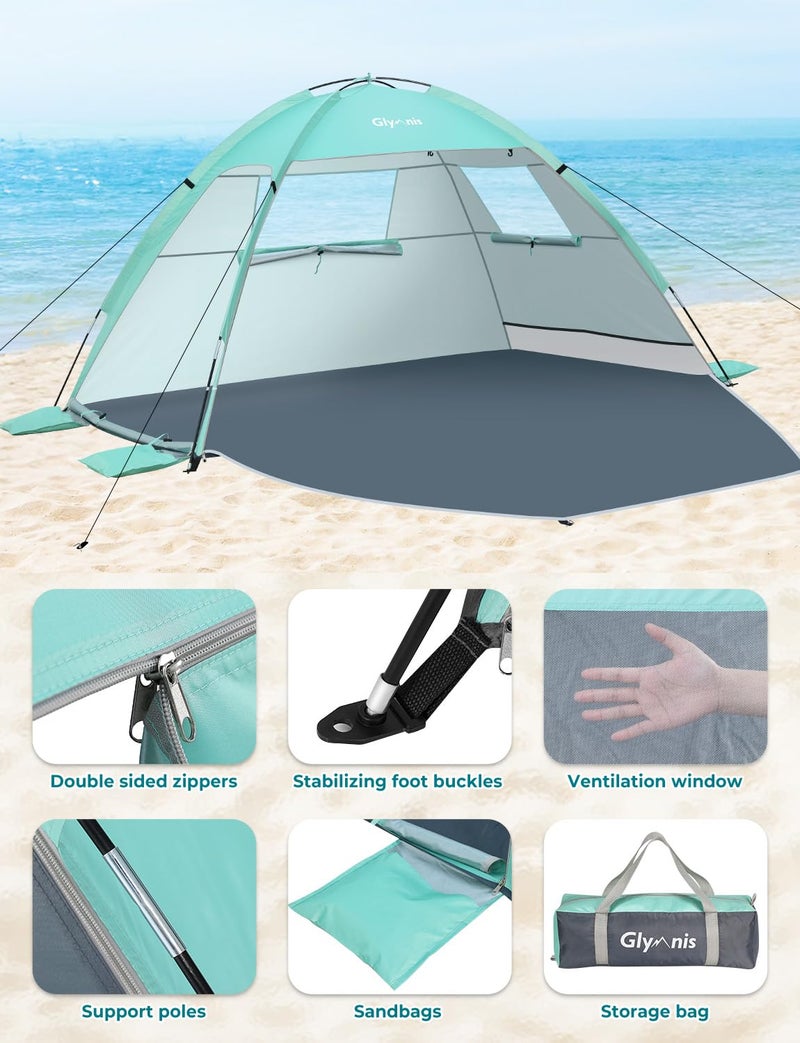 Glymnis Beach Tent Sun Shelter for 3 Person with UPF 50+ UV Protection, Lightweight & Easy Setup Beach Shade Canopy with Vent Windows & Zippered Door - Green - Image 3