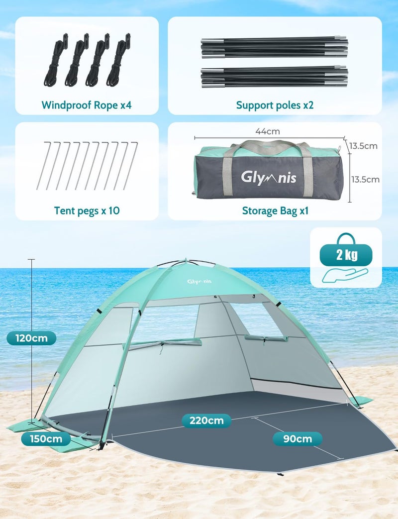 Glymnis Beach Tent Sun Shelter for 3 Person with UPF 50+ UV Protection, Lightweight & Easy Setup Beach Shade Canopy with Vent Windows & Zippered Door - Green - Image 2