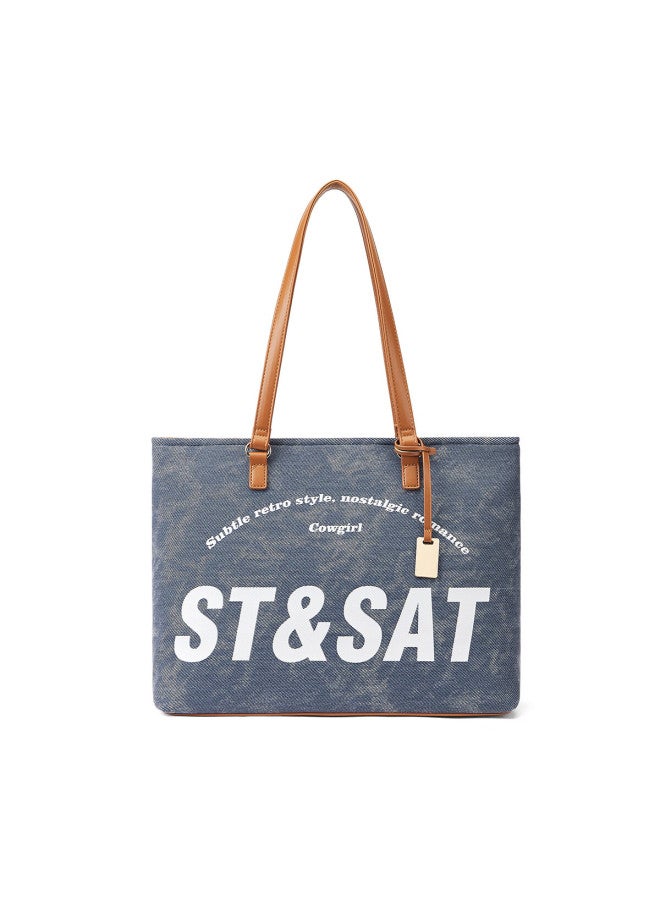 St&sat Women's Letter Tote Bag Commuter Casual Shoulder Bag Versatile Handbag Blue New Year Gift - Image 3