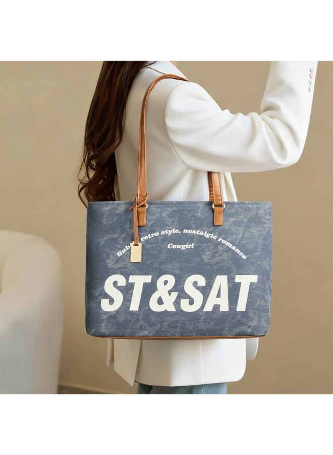 St&sat Women's Letter Tote Bag Commuter Casual Shoulder Bag Versatile Handbag Blue New Year Gift - Image 4
