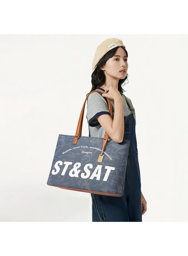 St&sat Women's Letter Tote Bag Commuter Casual Shoulder Bag Versatile Handbag Blue New Year Gift - Image 1