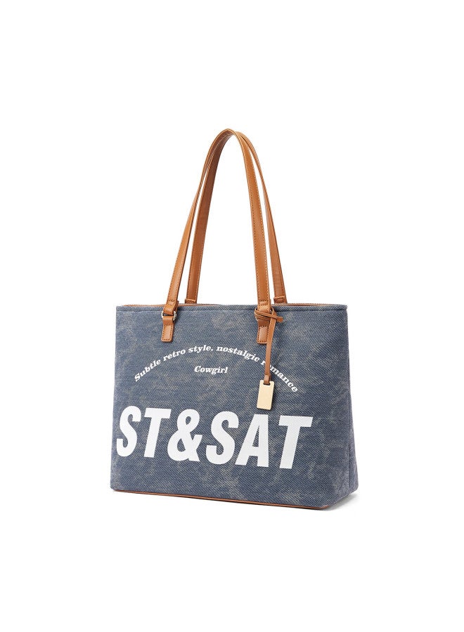 St&sat Women's Letter Tote Bag Commuter Casual Shoulder Bag Versatile Handbag Blue New Year Gift - Image 2
