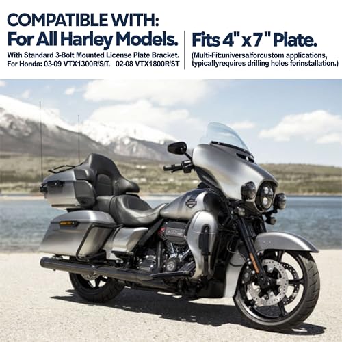 KOONDHEEND Curved Laydown License Plate Mount with Frame fit for Harley Davidson License Plate Mount Truck Bracket 3-Hole Relocation kit OEM# 3148(Silver) - Image 5