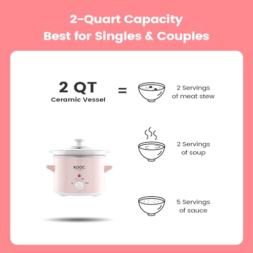 KOOC Small Slow Cooker, 2-Quart, Free Liners Included for Easy Clean-up, Upgraded Ceramic pot, Adjustable Temp, Nutrient Loss Reduction, Stainless Steel, Pink, Round - Image 4