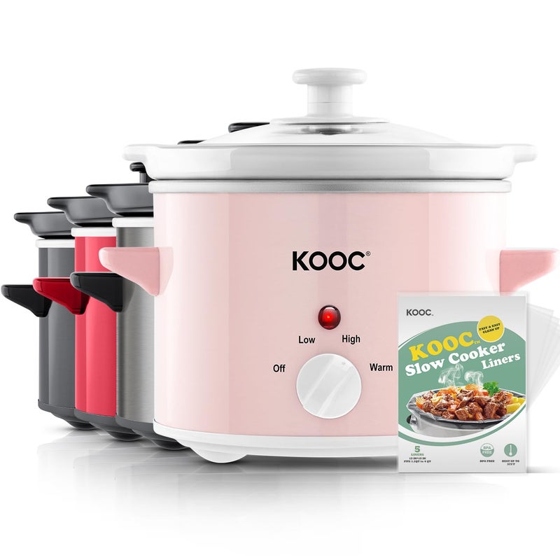 KOOC Small Slow Cooker, 2-Quart, Free Liners Included for Easy Clean-up, Upgraded Ceramic pot, Adjustable Temp, Nutrient Loss Reduction, Stainless Steel, Pink, Round - Image 2