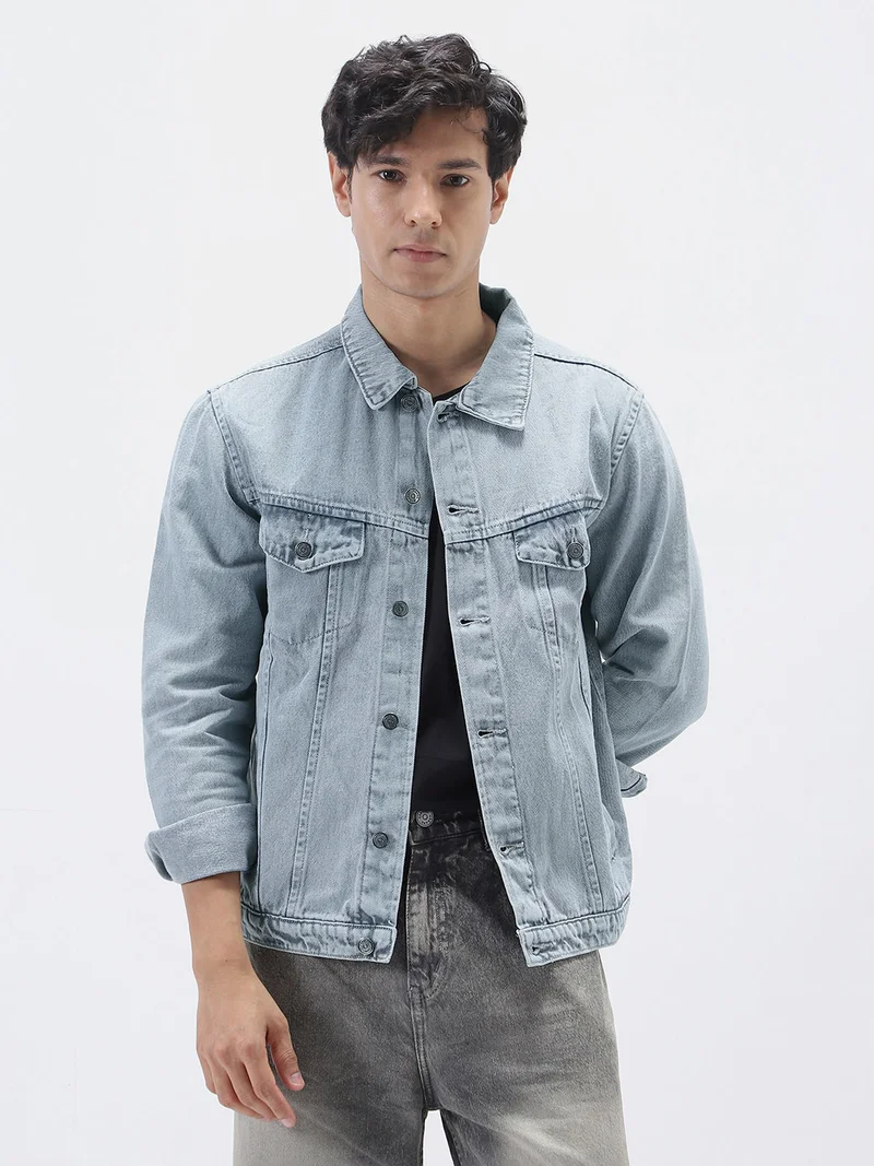 أوربانو فاشن Urbano Fashion Men's Light Grey Regular Fit Washed Full Sleeve Denim Jacket