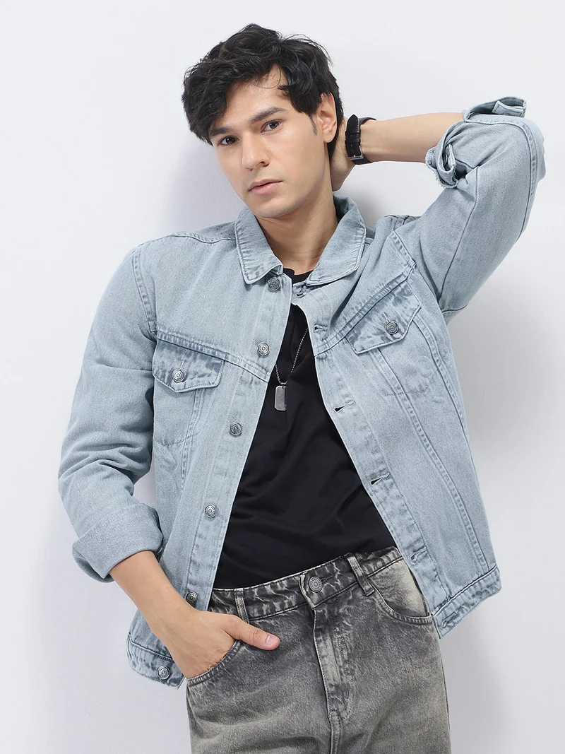 Urbano Fashion Men's Light Grey Regular Fit Washed Full Sleeve Denim Jacket