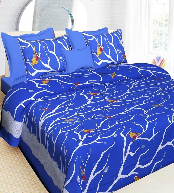 COTTON RAJASTHANI JAIPURI TRADITIONAL KING SIZE DOUBLE BED BEDSHEET WITH 2 PILLOW COVERS BLUE PACK OF 1