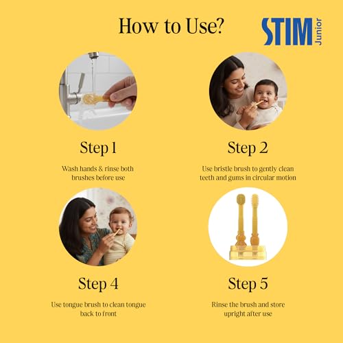 STIM Junior Toddler Kit | 2 in 1 Toothbrush & Tongue Brush | BPA Free Silicone Bristle | 6 to 24 Months | Protective Case | Muslin Cloth | Safe & Baby Friendly | Great For Massaging & Cleaning Gums - Image 4