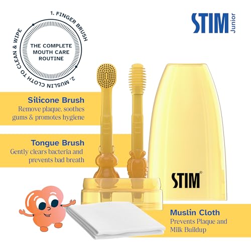 STIM Junior Toddler Kit | 2 in 1 Toothbrush & Tongue Brush | BPA Free Silicone Bristle | 6 to 24 Months | Protective Case | Muslin Cloth | Safe & Baby Friendly | Great For Massaging & Cleaning Gums - Image 2