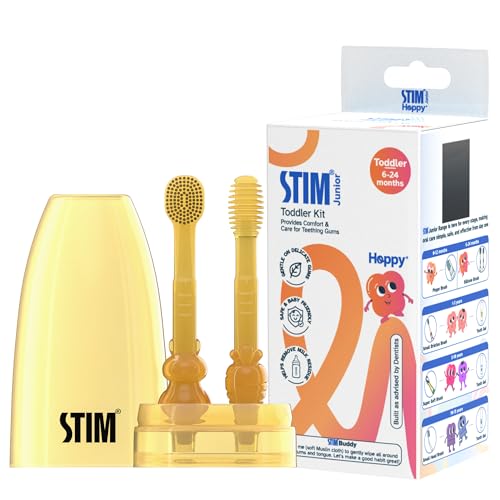 STIM Junior Toddler Kit | 2 in 1 Toothbrush & Tongue Brush | BPA Free Silicone Bristle | 6 to 24 Months | Protective Case | Muslin Cloth | Safe & Baby Friendly | Great For Massaging & Cleaning Gums - Image 1