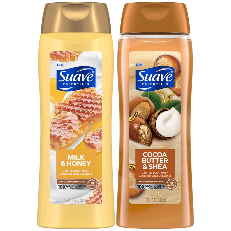 Suave Body Wash Variety 2-Pack, Milk & Honey + Cocoa Butter & Shea â€“ Gentle Body Washes with Sweet Blend Oil Essence, 18 Oz Ea - Image 1