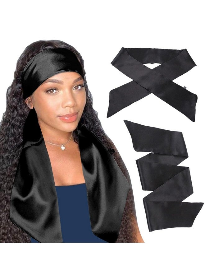 إكستريند وشاح نسائي من XTREND بحافة من الساتان بطول 58 بوصة بحافة من الحرير للنساء، وشاح لف الشعر المستعار غير قابل للانزلاق، شريط قبضة لليوجا والمكياج والعناية بالوجه والرياضة (قطعتان، أسود#) - Image 1