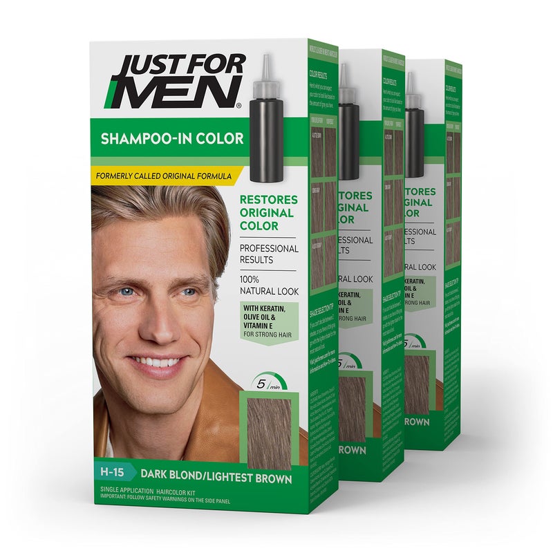 Just For Men Shampoo-In Color (Formerly Original Formula), Mens Hair Color with Keratin and Vitamin E for Stronger Hair - Dark Blond/Lightest Brown, H-15, Pack of 3 - Image 1