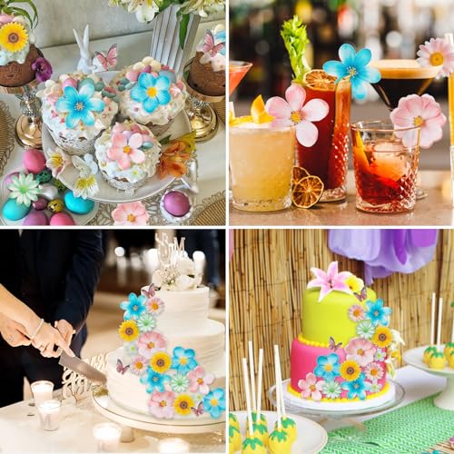 Morofme 55pcs Edible Flower Butterflies Cake Topper Wafer Paper Flower Cupcake Toppers Hawaiian Flower Cake Decorations Mixed Size for Tropical Luau Themed Birthday Baby Shower Party Supplies - Image 4