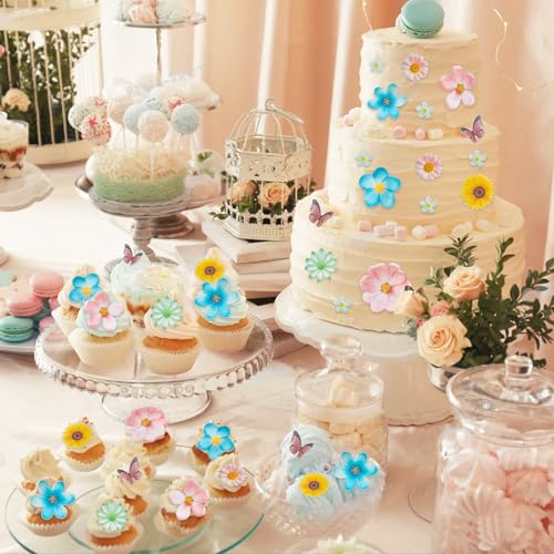 Morofme 55pcs Edible Flower Butterflies Cake Topper Wafer Paper Flower Cupcake Toppers Hawaiian Flower Cake Decorations Mixed Size for Tropical Luau Themed Birthday Baby Shower Party Supplies - Image 5