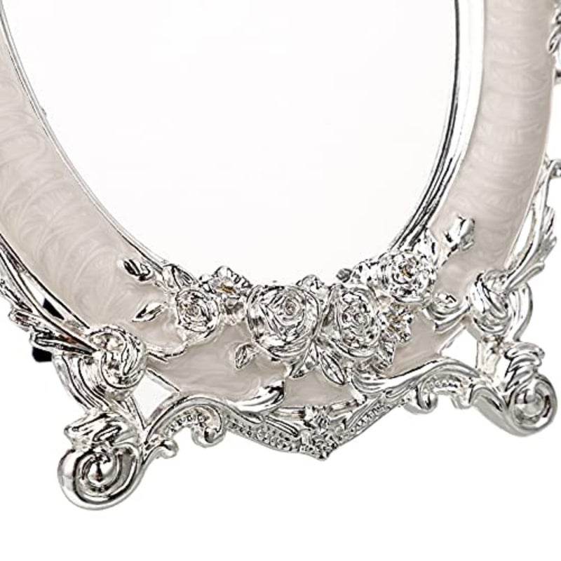Small Tabletop Dressing Mirror Vintage Metal Desktop Mirror with Stand, Antique Embossed Roses Countertop Makeup Mirror Retro Oval Cosmetic Decorative Mirrors for Table Centerpieces - Image 4