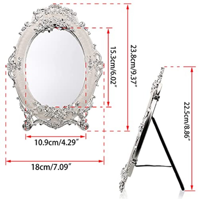 Small Tabletop Dressing Mirror Vintage Metal Desktop Mirror with Stand, Antique Embossed Roses Countertop Makeup Mirror Retro Oval Cosmetic Decorative Mirrors for Table Centerpieces - Image 2