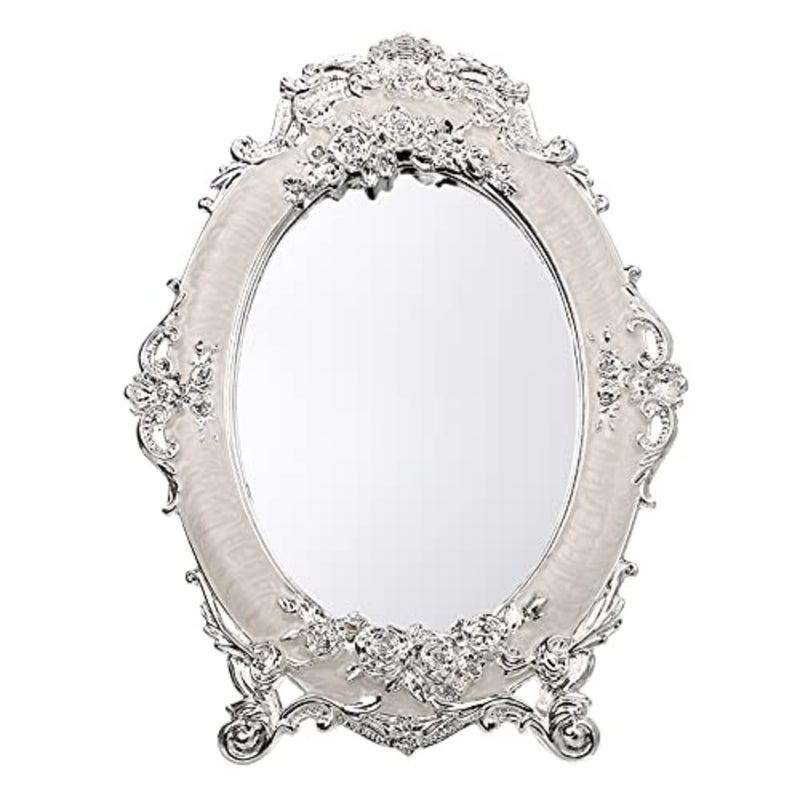 Small Tabletop Dressing Mirror Vintage Metal Desktop Mirror with Stand, Antique Embossed Roses Countertop Makeup Mirror Retro Oval Cosmetic Decorative Mirrors for Table Centerpieces - Image 1