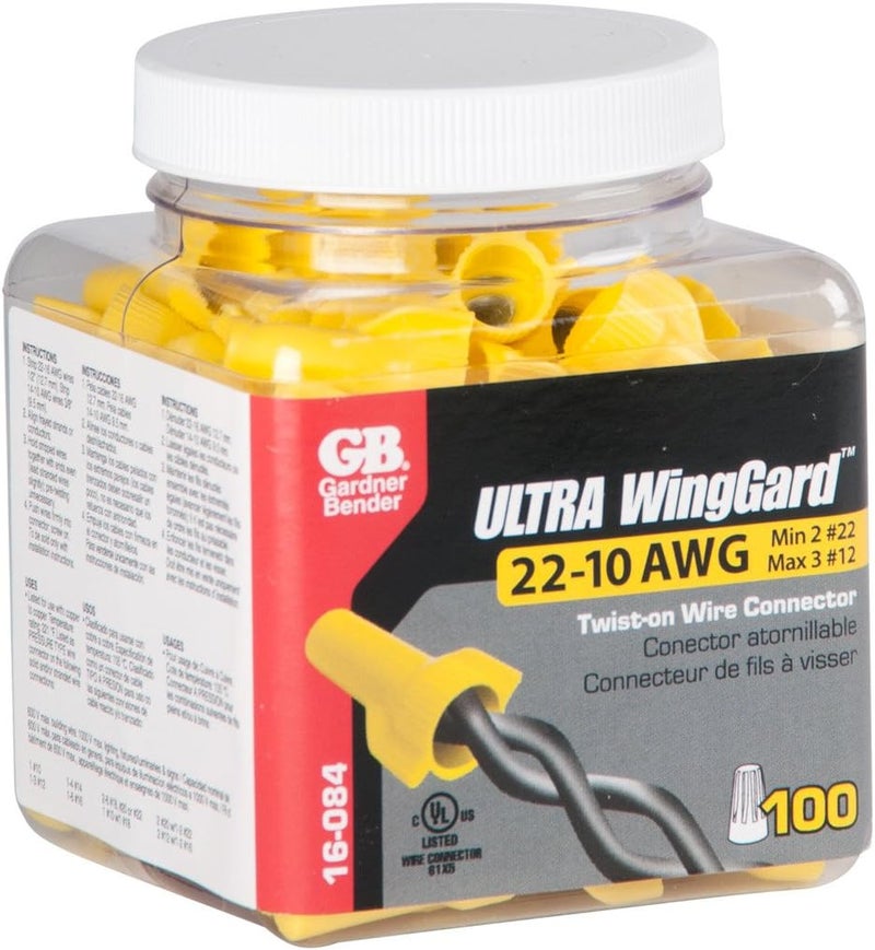 Gardner Bender موصلات الأسلاك WingGard Twist-On 16-084، 22-10 AWG، كهربائي، أصفر، 100 قطعة (عبوة من 1) - Image 2
