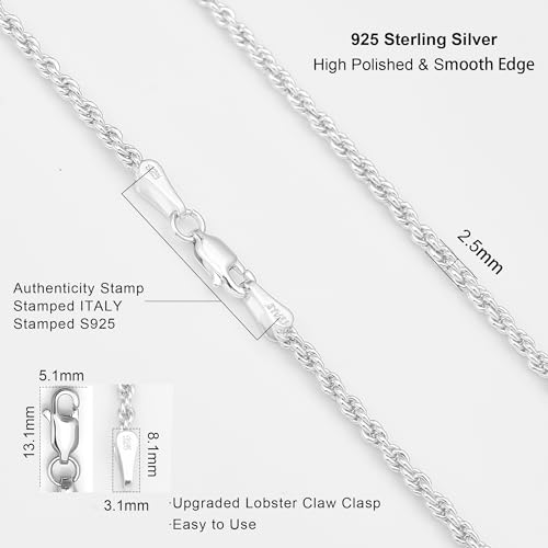 Waitsoul 925 Sterling Silver Rope Chain Lobster Clasp 2.5mm Silver Chain for Men Women Silver Necklace Chain 16-30 Inches(20) - Image 3