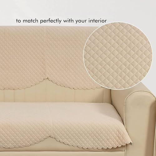 STARNSTYLE Velvet Self Design Quilted Sofa Chair Cover 2 Seater + Arm Cover Beige - Image 2