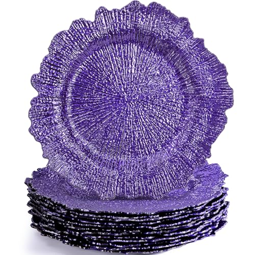 WUWEOT 12 Pack Purple Charger Plates, 12.7" Plastic Reef Dinner Under Plate, Round Charger Service Base Plate Bulk with Ruffled Rim for Party, Wedding, Catering Event, Tabletop Decor - Image 1