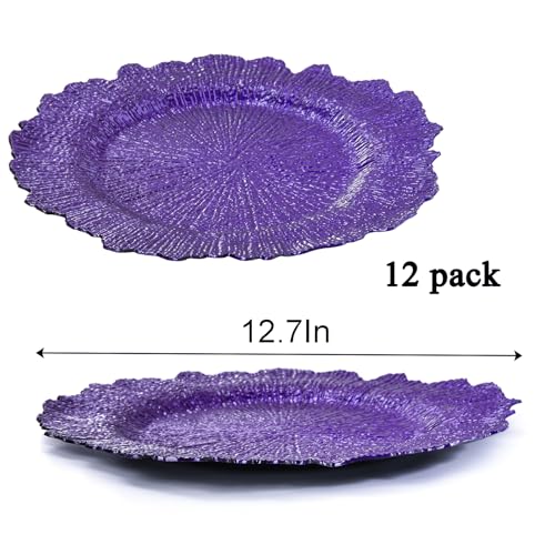 WUWEOT 12 Pack Purple Charger Plates, 12.7" Plastic Reef Dinner Under Plate, Round Charger Service Base Plate Bulk with Ruffled Rim for Party, Wedding, Catering Event, Tabletop Decor - Image 2