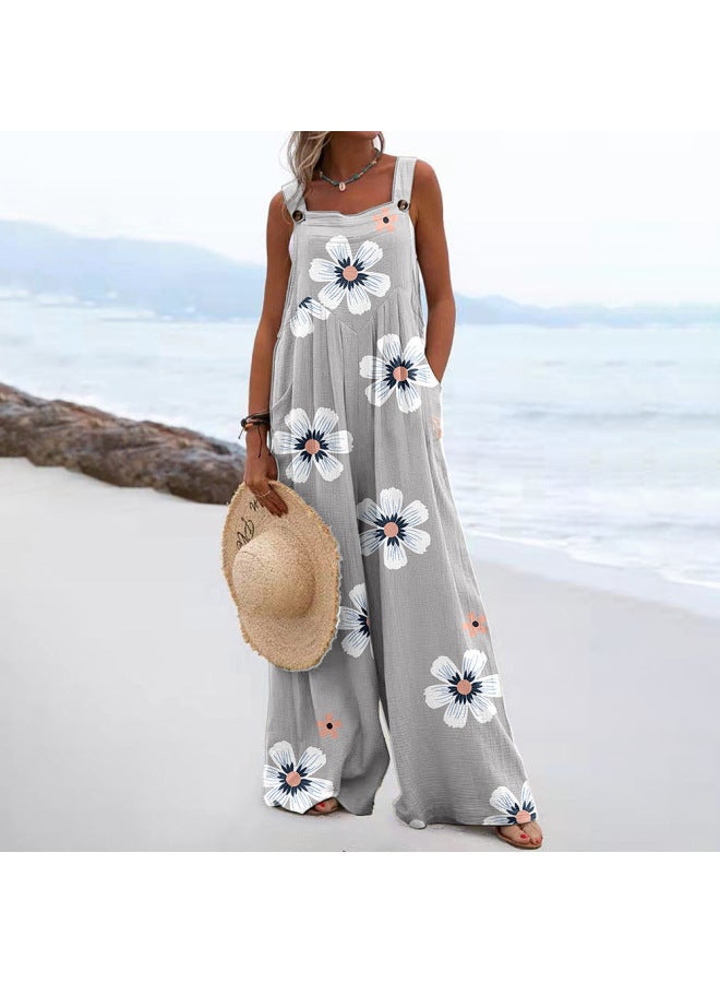Summer Europe And The United States Spring And Summer Strap Wide Leg Printed Straight Jumpsuit Women