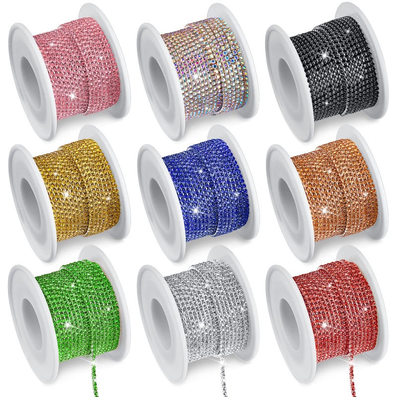 9 Rolls Total 2 mm 90 Yards Crystal Rhinestone Close Chain Trimming Claw Chain Jewelry Crafts DIY Crystal Claw Cup Rhinestone Trim Roll for Jewelry Making CraftsMulticolor