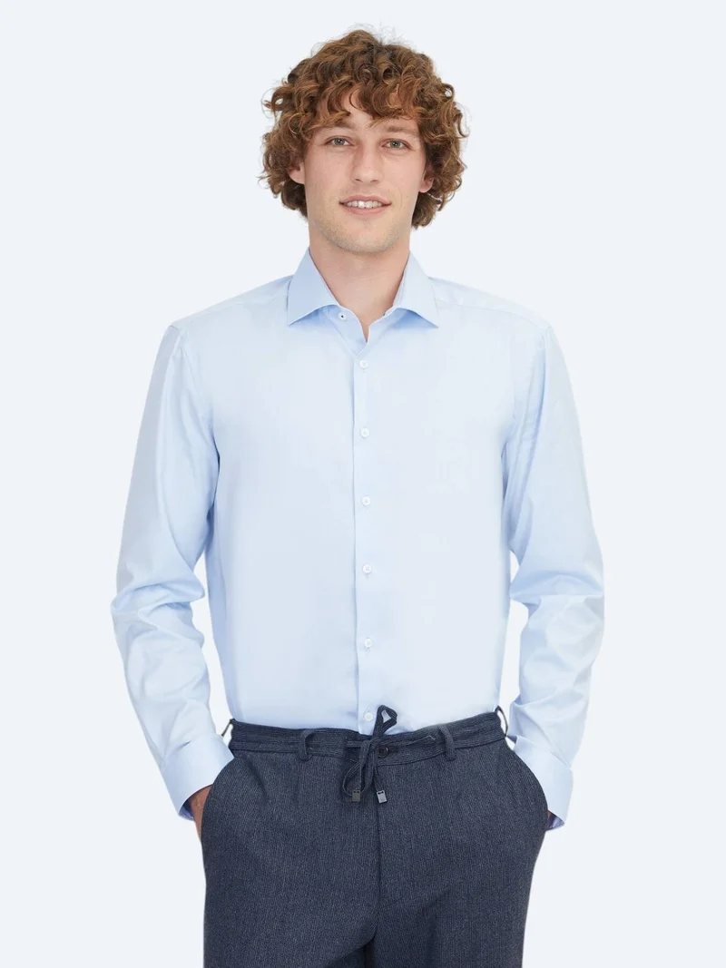 Kip Blue Regular Fit Long Weaving Classical 100% Cotton Shirt
