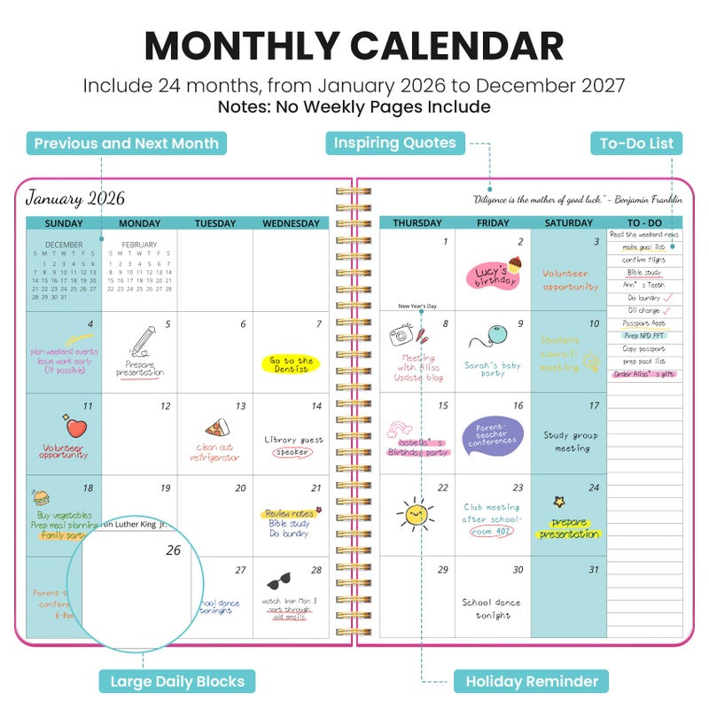 Taja Monthly Planner 2026-2027, 2 Year Months Calendar Planner 2026-2027, Runs from January 2026 - Decembe 2027, 7" x 10", 24 Months, Perfect for School Office Home Planning - Fuchsia Pink - Image 2