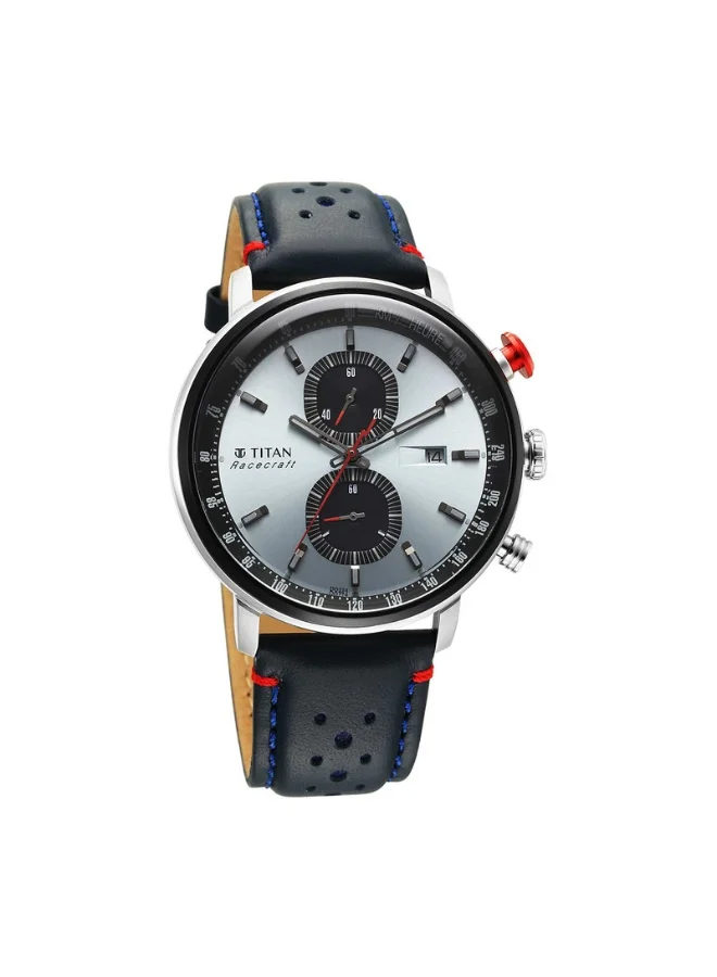 TITAN Racecraft Quartz Chronograph with date Silver Dial Blue Leather Strap Watch for Men - 1857KL02