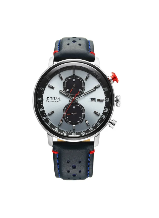 TITAN Racecraft Quartz Chronograph with date Silver Dial Blue Leather Strap Watch for Men - 1857KL02